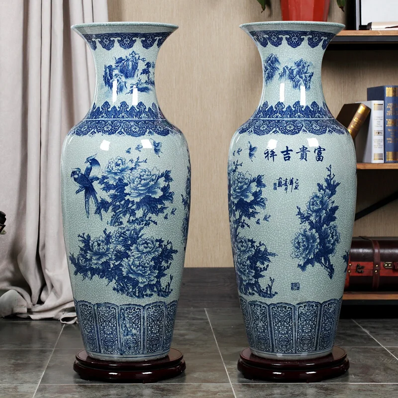 

Luxury Flower and Bird Pattern Ceramic Vase Planter Hand Painted White and Blue Porcelain Flower Vase Antique Home Decor