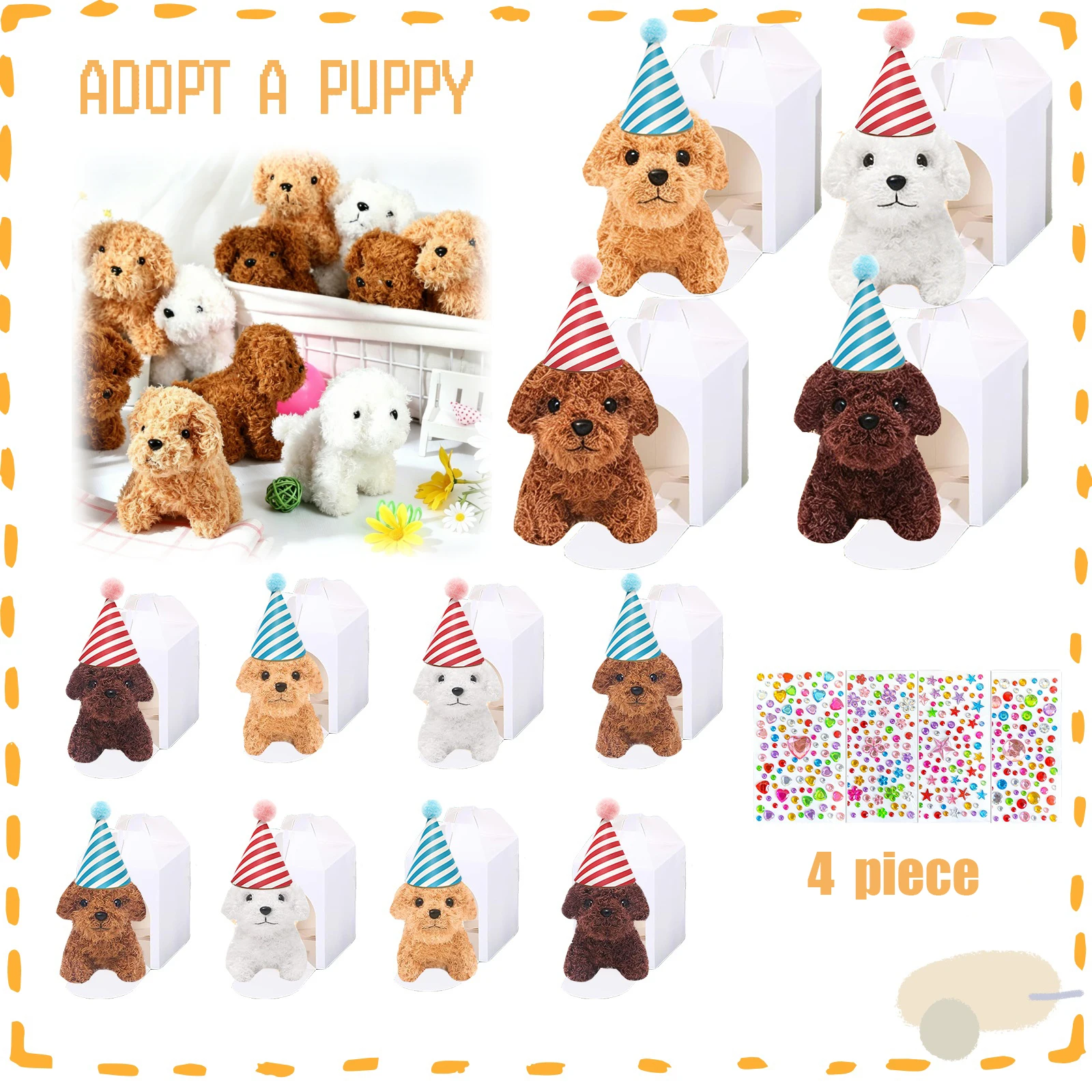 

12-36Pcs Adopt A Puppy Party Favors Dog Stuffed Animal Set Includes Mini Dogs, Birthday Hat,White DIY Box for Dog Party Favors