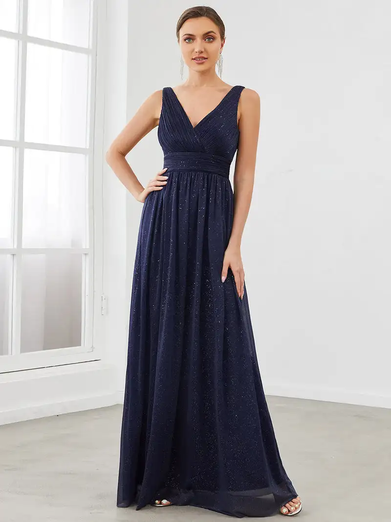 Robe trapèze longue en dentelle bleu marine pour femme, col en V, longueur au sol en fibre, magnifique robe de Rhde luxe, 2023