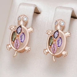 Kinel Hot Colorful Natural Zircon Sea Turtle Earrings for Women Fashion 585 Rose Gold Color Daily Accessorie Animal Jewelry