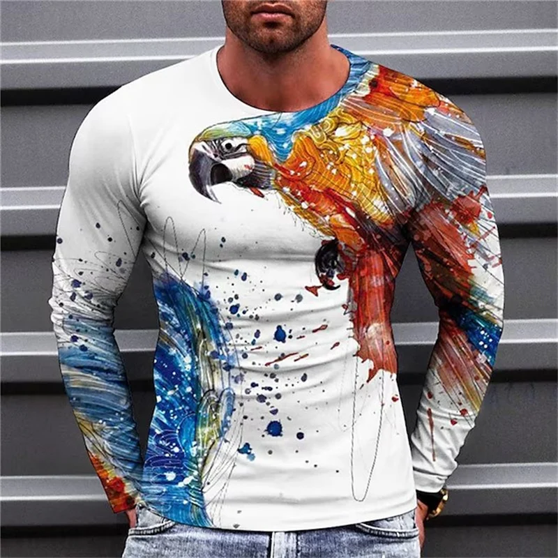 Funny Parrot Pattern T-Shirt For Men Colorful Animal 3D Print T Shirts Summer Casual Long Sleeves Loose Street O-Neck Tops Tees