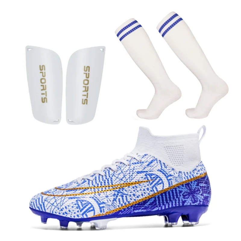 

New Three Piece Set Men's Soccer Shoes FG/TF Soccer Leg Guards Leg Socks Anti-Skid Training Football Boots Kid's Soccer Sneakers