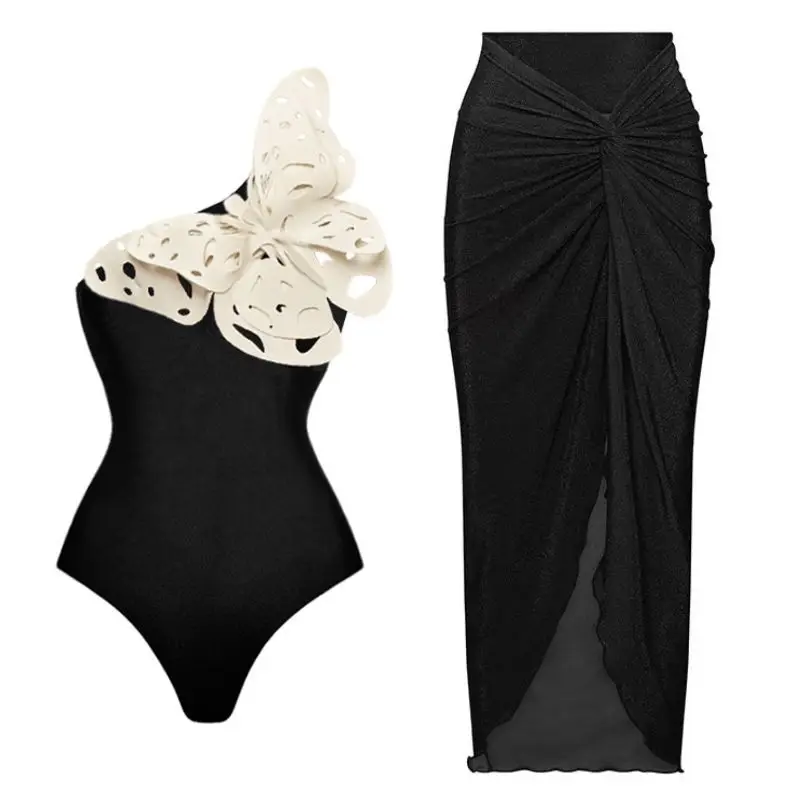 Costume da bagno donna nero Set 2 pezzi Bikini + abito da ballo Midi estate farfalla bianca senza maniche Top gonna da spiaggia Casual