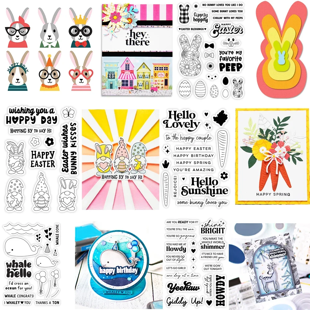 Osterhase Karotte Zwerge Stanzformen und Stempel Delphin Sentiment Wort Stempel Set für DIY Scrapbooking Papier Handwerk Kartenherstellung
