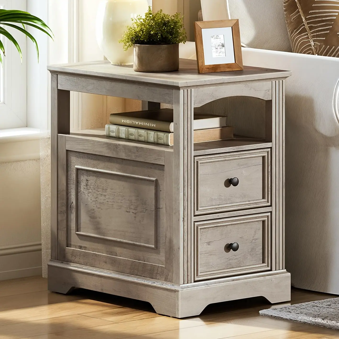 Farmhouse End Table with 2 Drawers, Narrow Sofa Side Table with Storage and Open Shelf, Wooden Nightstand for Small, Customized