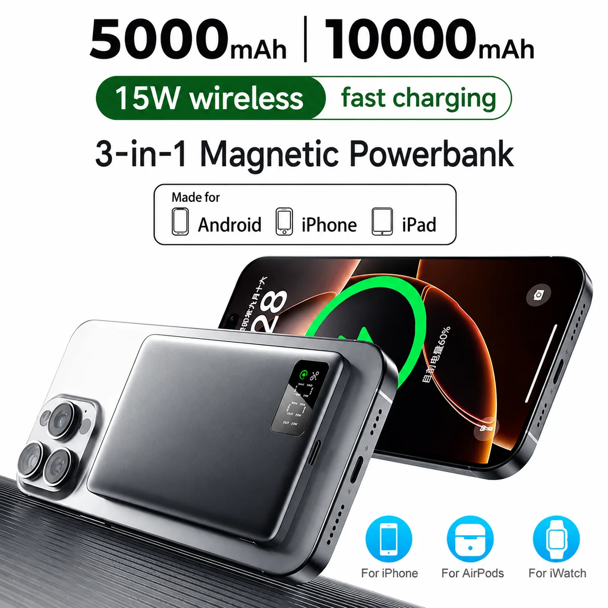 3-in-1 New 10000mAh For Apple Magsafes Powerbank Magnetic Wireless Portable Charger External Battery Fast Charging For iPhone