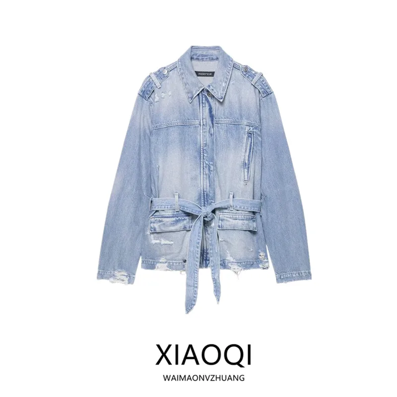 2025年秋-レディースファッション-多用途デニムジャケット-ベルト付きコート-ポケット装飾-オールマッチ-レディースショートアウター