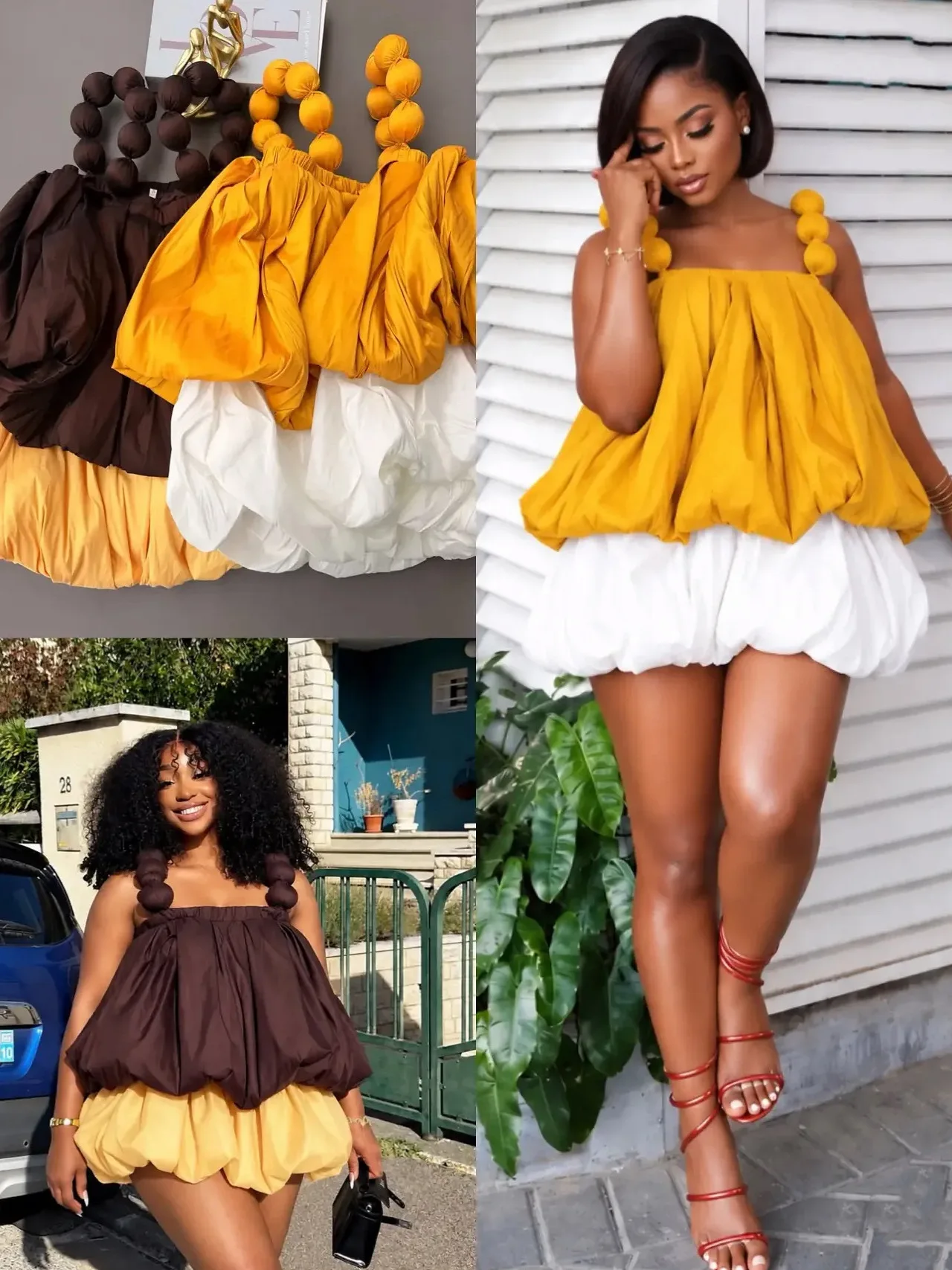 STYLISH LADY Color Block Bubble 2 Piece Set Women Pompom Spaghetti Strap Ruched Cami Top Balloon Puff Skirts Club Party Outfits