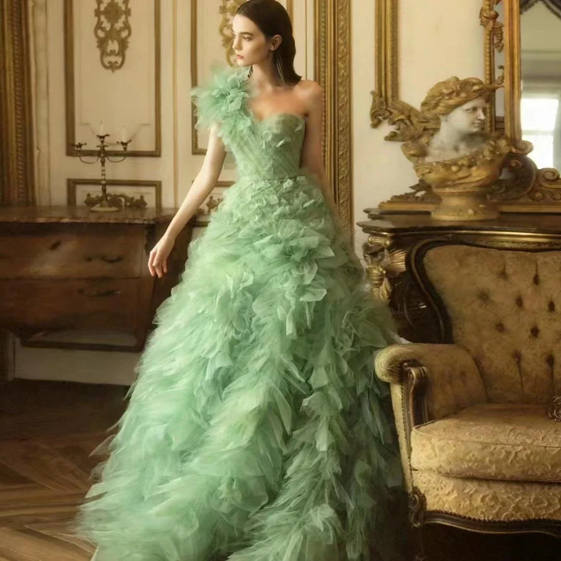 Light Green Elegant A-line One Shoulder Sleeve Prom Dresses Tulle Pleated Layered Evening Dresses For Women Vesidos de noche