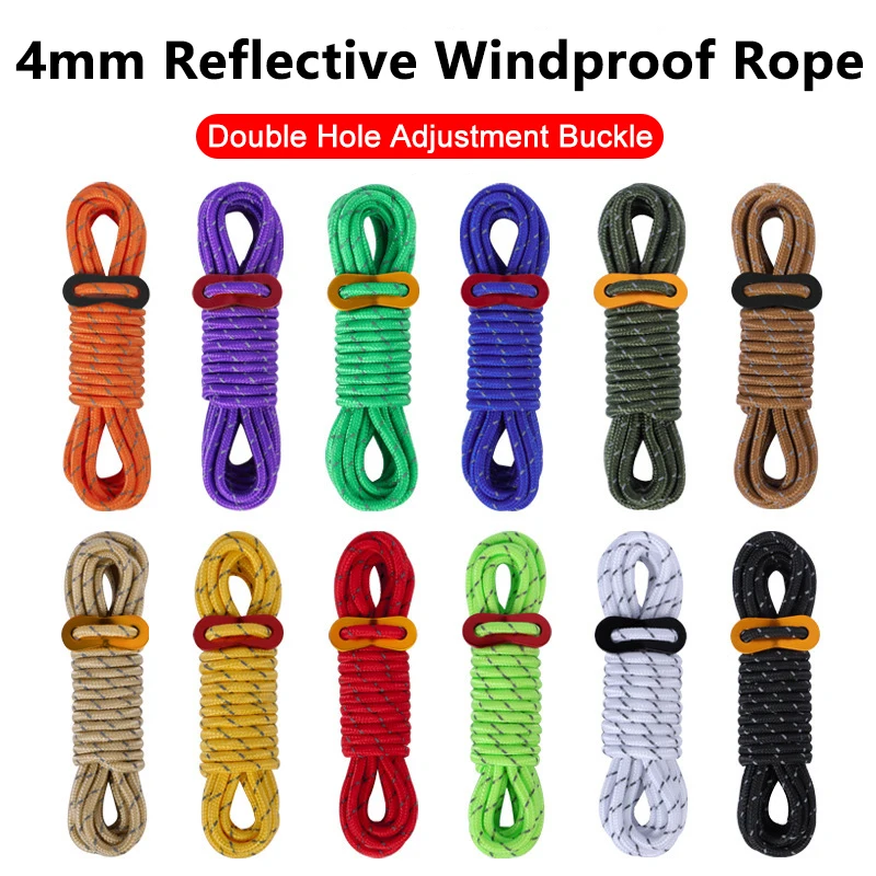 4M Sturdy Tent Rope High Reflective Luminous Windproof Tent Rope with Buckle for Beach Tent/Outdoor Camping/Dry/Bundle/Fix Tent