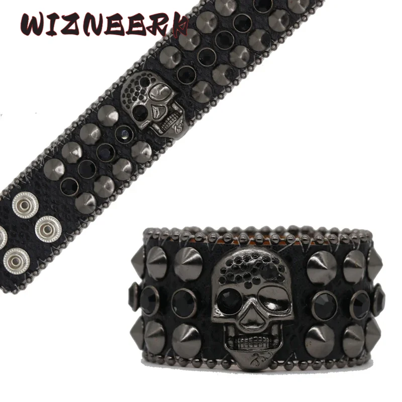 WIZNEERK Punk Y2K Teschio Bracciale con strass di lusso in pelle PU Hip-hop Romantico Goth Braccialetti di cristallo Accessori per feste regalo