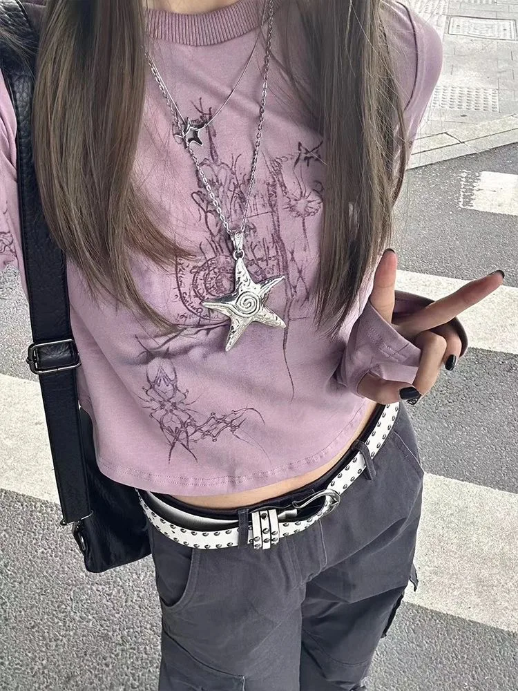 Genayooa Gothic Print T Shirt Women Long Sleeve Y2k Vintage Tops Streetwear 2000s Japanese Crop Tops E Girls Tshirs Autumn