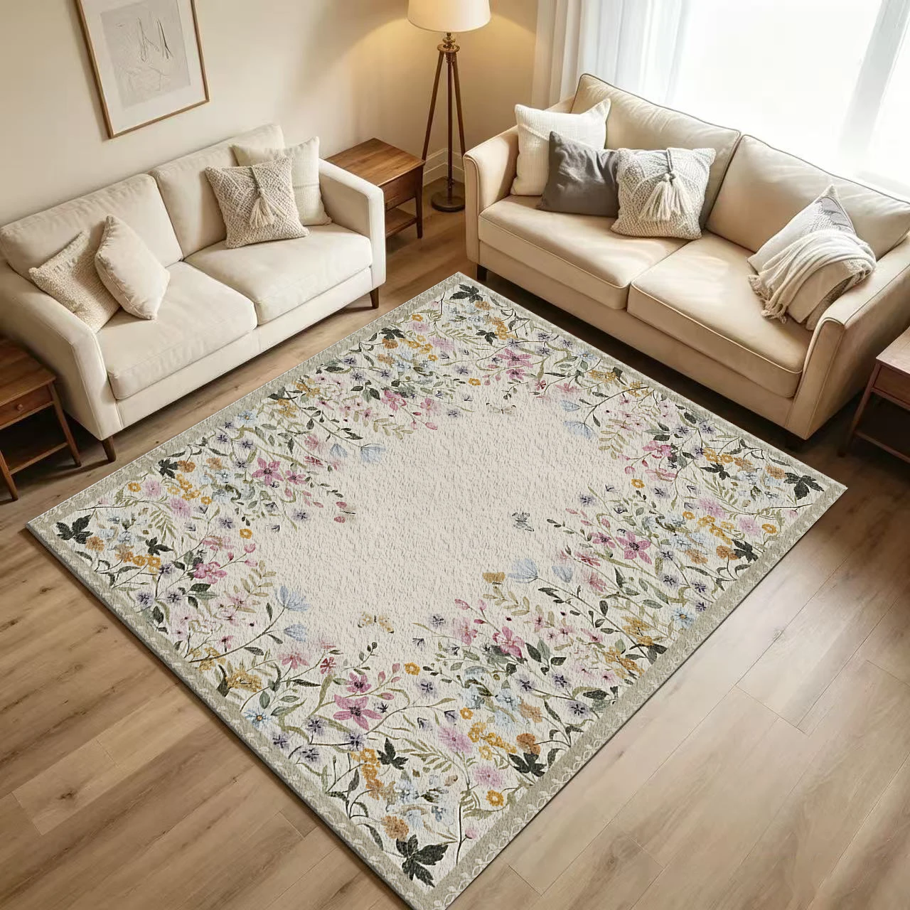 Pastel Watercolor Wildflower Butterfly Border Rug, Non-Slip Washable Floor Rug Suitable for Living Room, Bedroom, Country-Style Home Decor