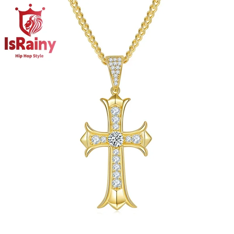 

IsRainy Hip Hop Rock 100% 925 Sterling Silver Sparkling GRA Moissanite Diamond CROSS Necklaces Fine Jewelry for Women Men Gift