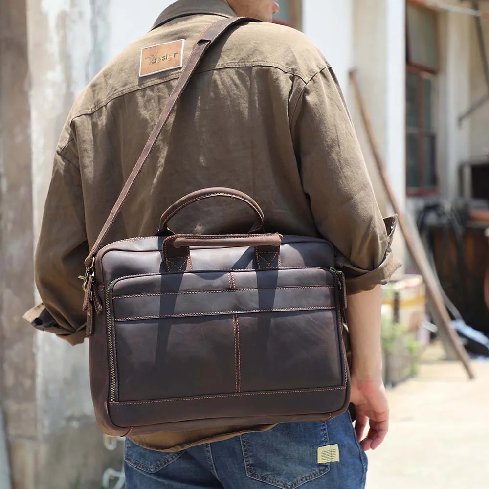 Vintage Echtleder Herren Aktentasche 15" Laptop-Tasche Arbeits- und Business-Herrentasche aus Crazy Horse Leder Schultertasche Handtasche – Detail 2