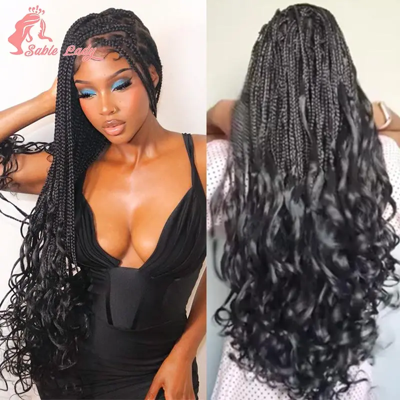 18 Inch Synthetic Boho Braided Wigs Knotless Braided Lace Wigs with Curly Ends Lace Front Braiding Hair Wig for Black Women