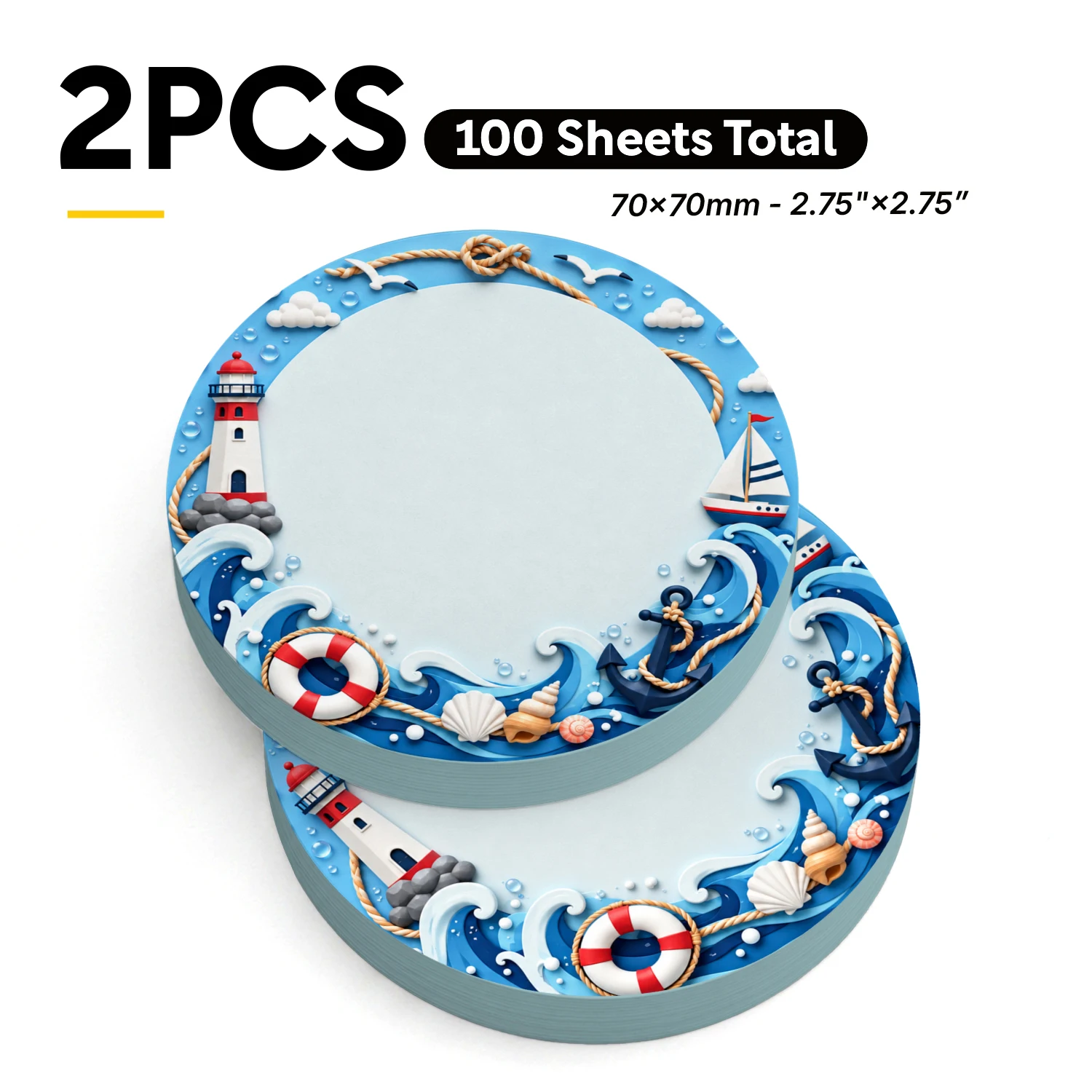 2PCS Nautical Round Sticky Notes 100 Sheets Lighthouse Sailboat Anchor Ocean Wave Memo Pads Office School Stationery