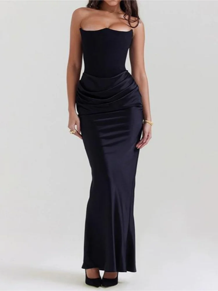 

Сексуальное однотонное платье без бретелек с открытой спиной, женское платье без рукавов со складками на талии, длинное платье для похудения, женское вечернее платье, новинка 2023 г.