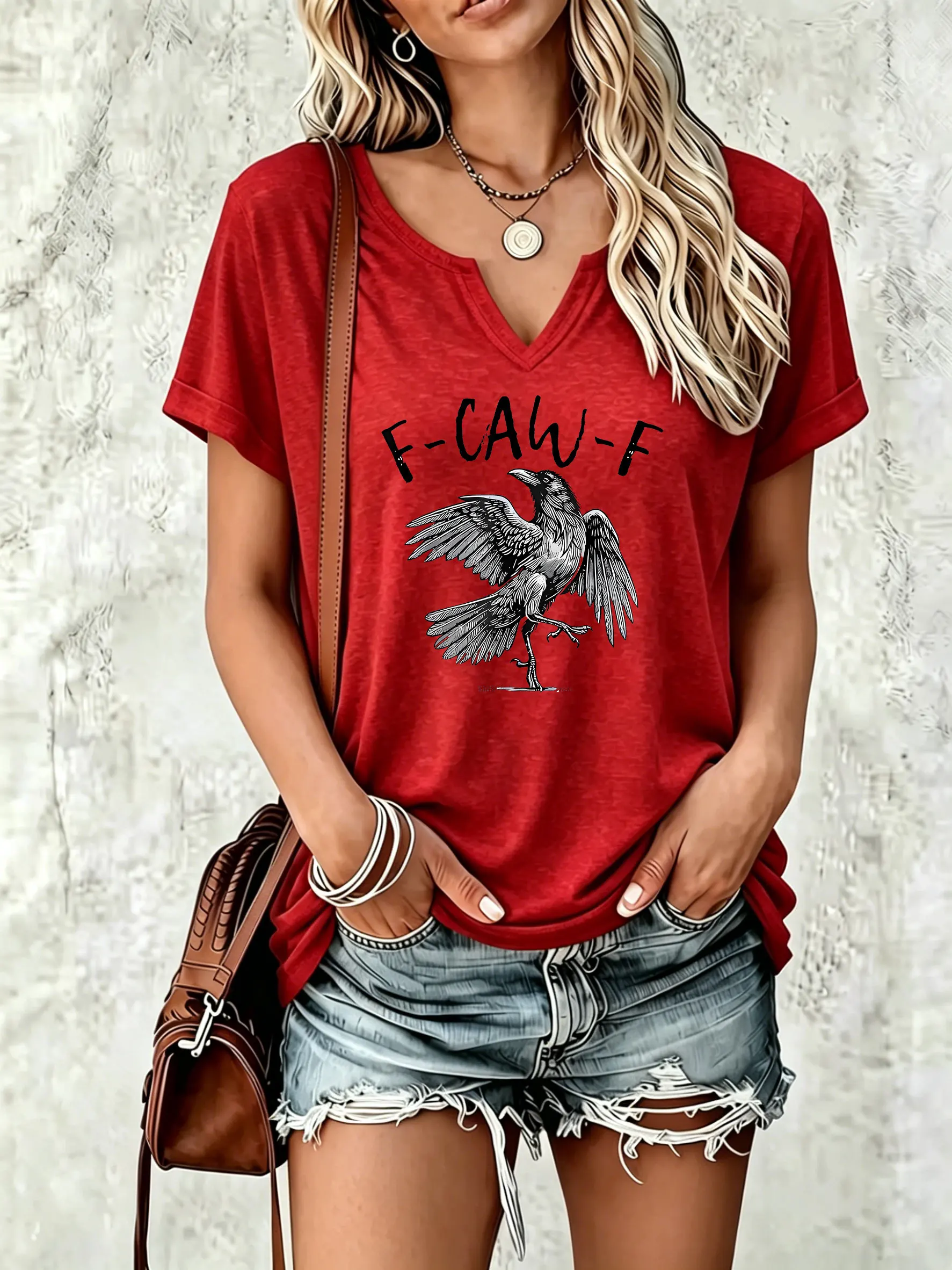 Women Notched V Neck Short Sleeve T‑Shirt, Funny F‑CAW‑F Crow Raven Graphic Print Casual Daily Tee for Women