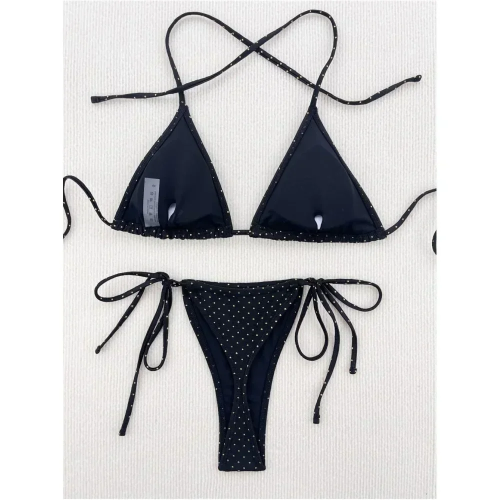 Glänzender Fleck schwarzer Punk String Bikini Halfter Bandage Micro Bikinis extremer Badeanzug y2k Bade bekleidung Frauen Strand Badeanzüge Biquini