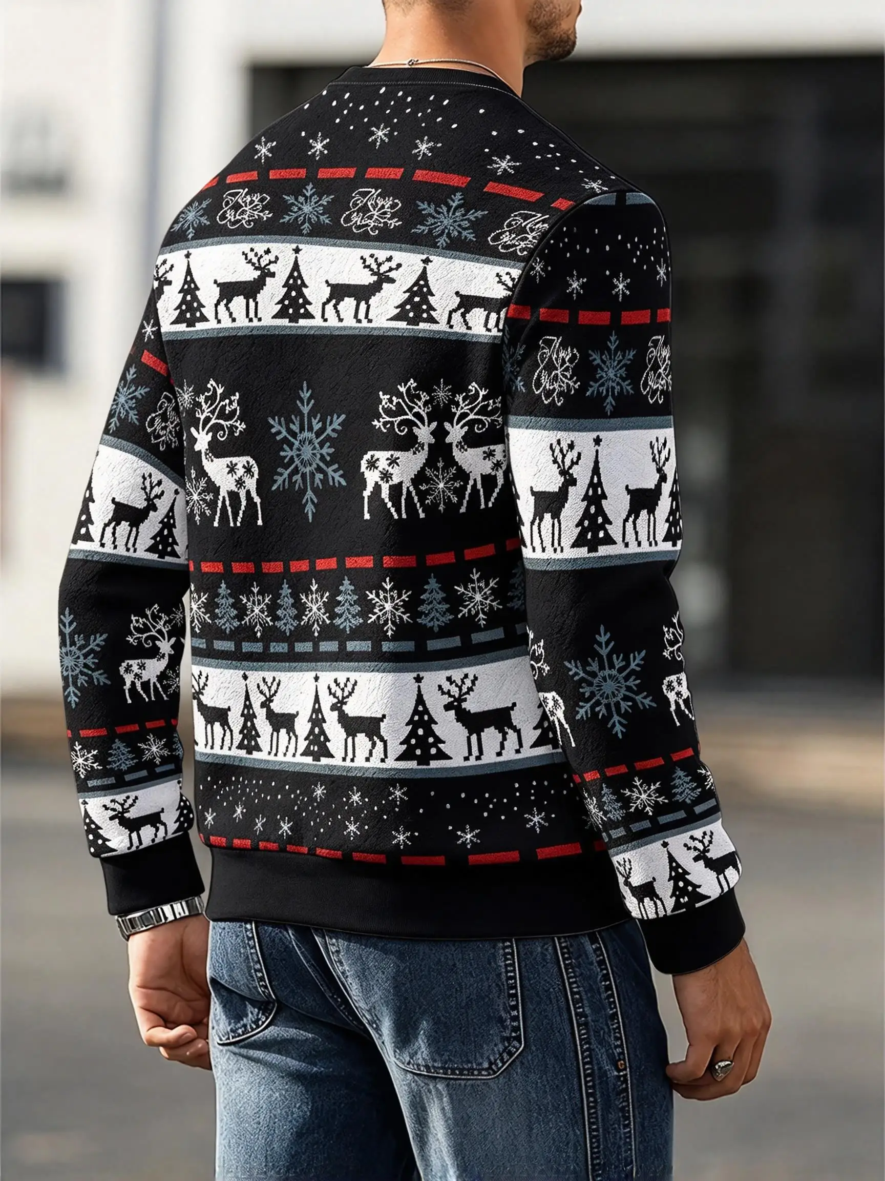 Mens Ugly Christmas Sweatshirt, Funny Penguin Slogan Snow Tree Knit Style Full Print Long Sleeve Top