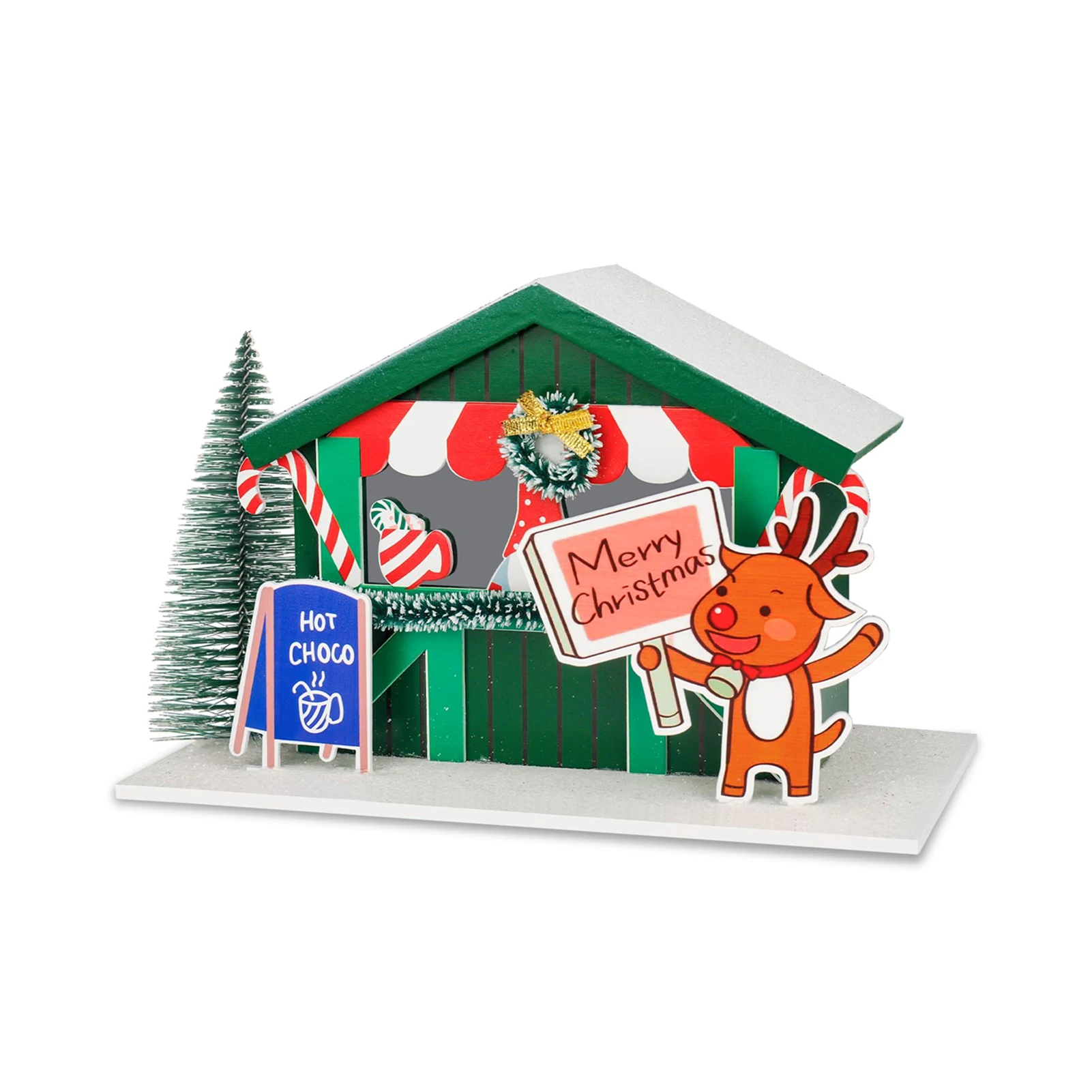 

Зеленый прочный набор для рождественской деревенской сцены с богатым световым эффектом, прочный и долговечный деревянный декор с подсветкой