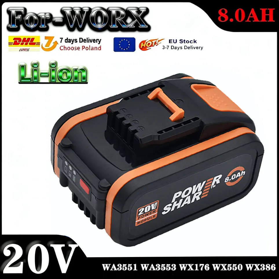 Batterie au lithium rechargeable originale Worx 20V 8,0Ah WA3553 WA3551 WA3553.1 WA3570 pour tous les outils électriques et de jardinage WORX