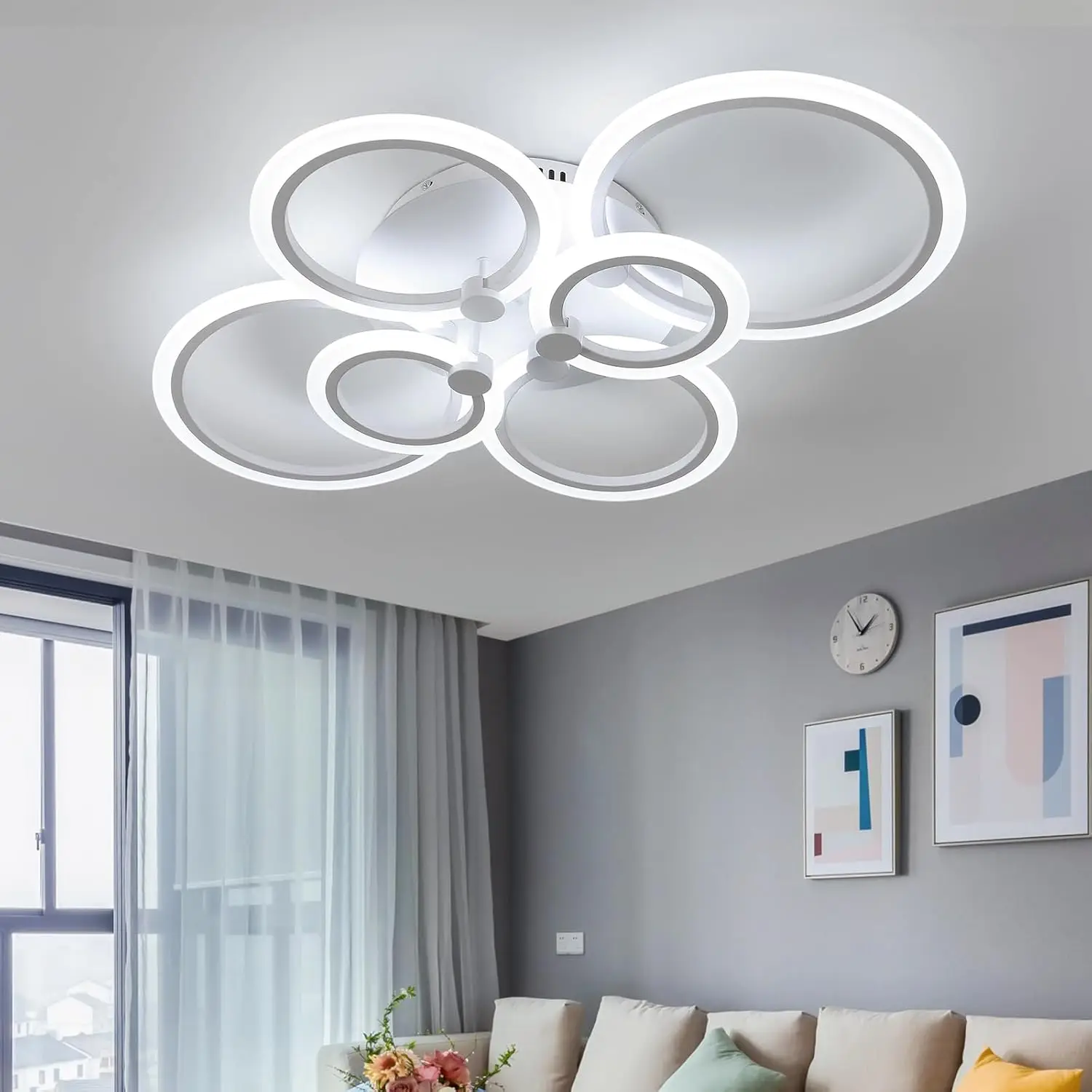 

RUYI Modern Ceiling Lights 6 Rings Dimmable Chrome LED Ceiling Light Fixtures with Remote Control Close to Ceilings Lighting
