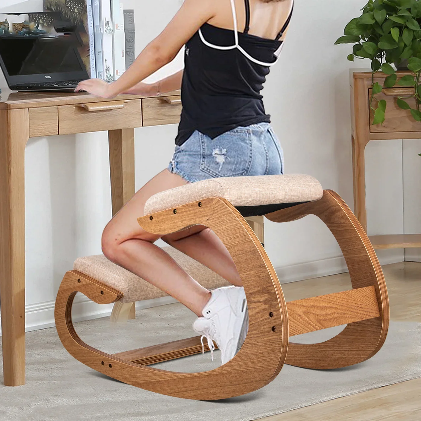 Computer Chair Ergonomic Kneeling Chair Stool W/ Thick Cushion Home Office Chair Improving Body Posture Rocking Wood Knee