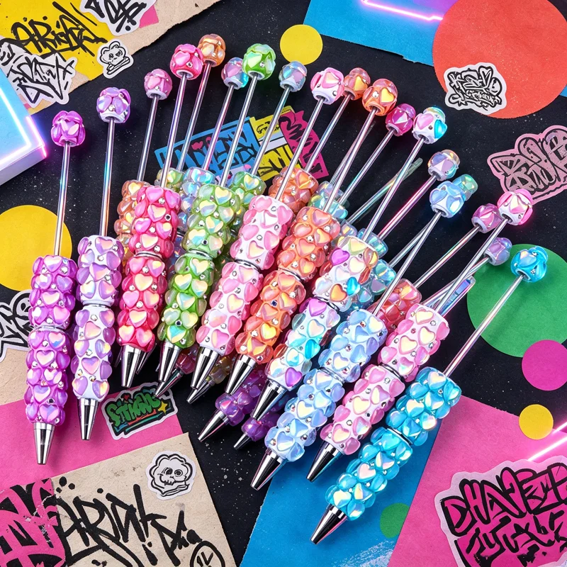 19Pcs DIY Beaded Pen Macaron Beadable Pens Heart Glitter Ballpoint Pen Gifts for Student Stationery School Office Writing