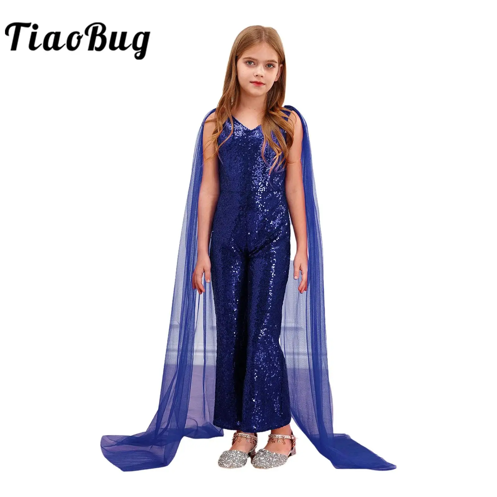 Kids Girls Sparkly Sequined Birthday Party Gown Elegant Cape Sleeve Ceremony Pageant Evening Vestidos Performance Costumes