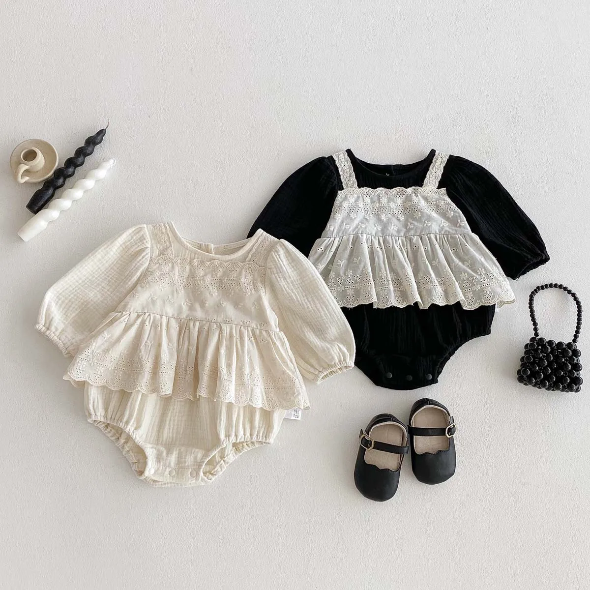 Baby Girl's Spring Autumn New Style Cotton Yarn Long Sleeved Fake Two-piece Fart Clothes Baby Stylish Lace Lace Lace Jumpsuit
