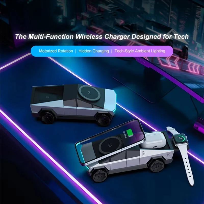 

Qi2 3 In 1 Desktop Wireless Charger For Smartphone Cybertruck Style Exterior For Iphone, & Watch, Earbuds