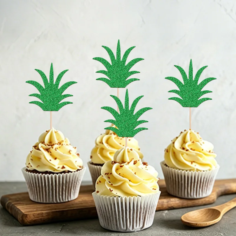 YOMDID 24Pcs Glitter Pineapple Leaf Cake Picks Leaves Cupcake Toppers Decorations for Summer Luau Hawaiian Party Supplies - view 3