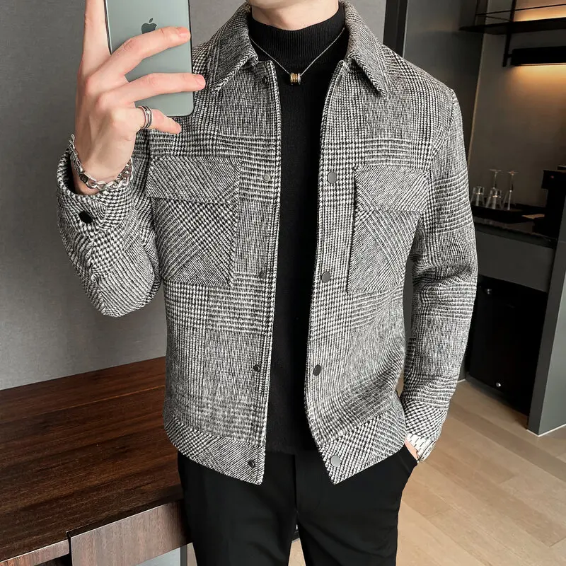 

Autumn Plaid Woolen Jacket Men Fashion Retro Pocket Casual Jacket Men Streetwear Slim Fit Lapel Coat Mens Outerwear S-4XL