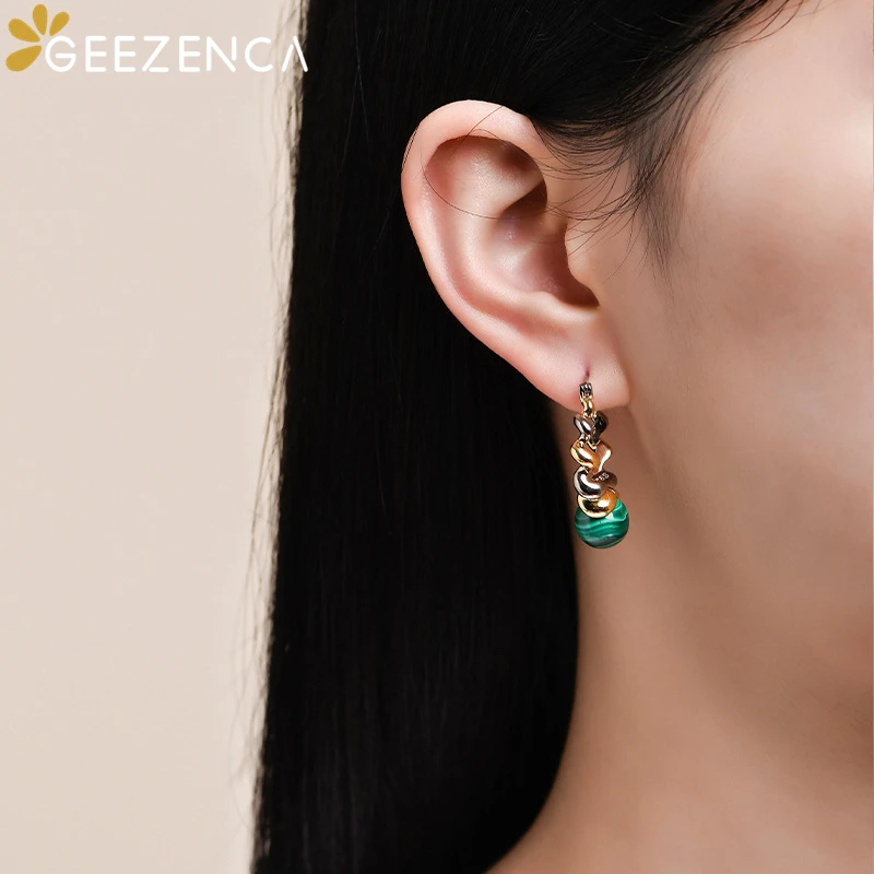 GEEZENCA Natural Malachite 925 Sterling Silver Dangle Earrings Women Dichroic Plating Spiral Twisted Chic Earring 2023 New Gift