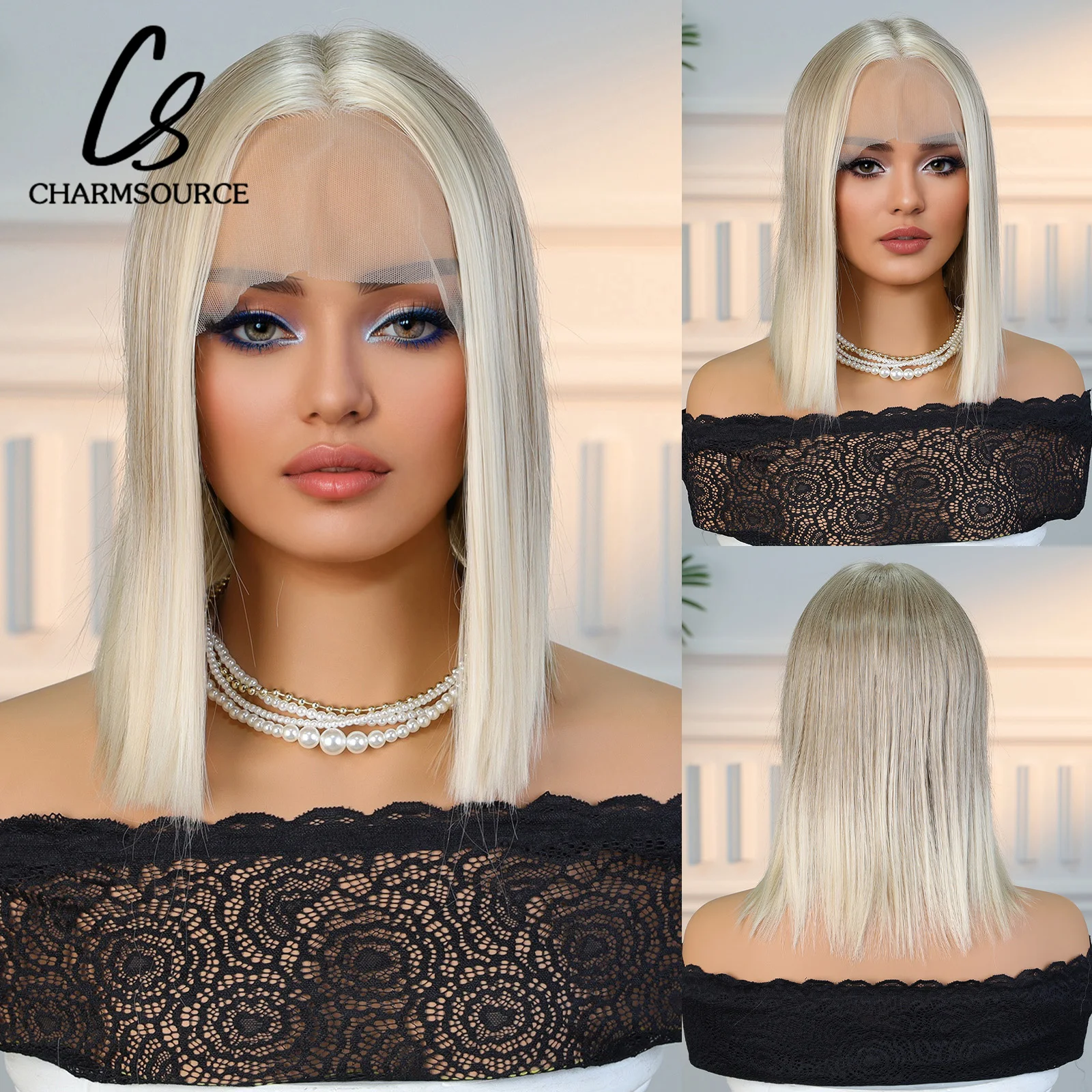 

CharmSource Lace Front Wigs with High Quality Straight White Blonde Wigs Short BOB WIG Cosplay for Women High Density Hair