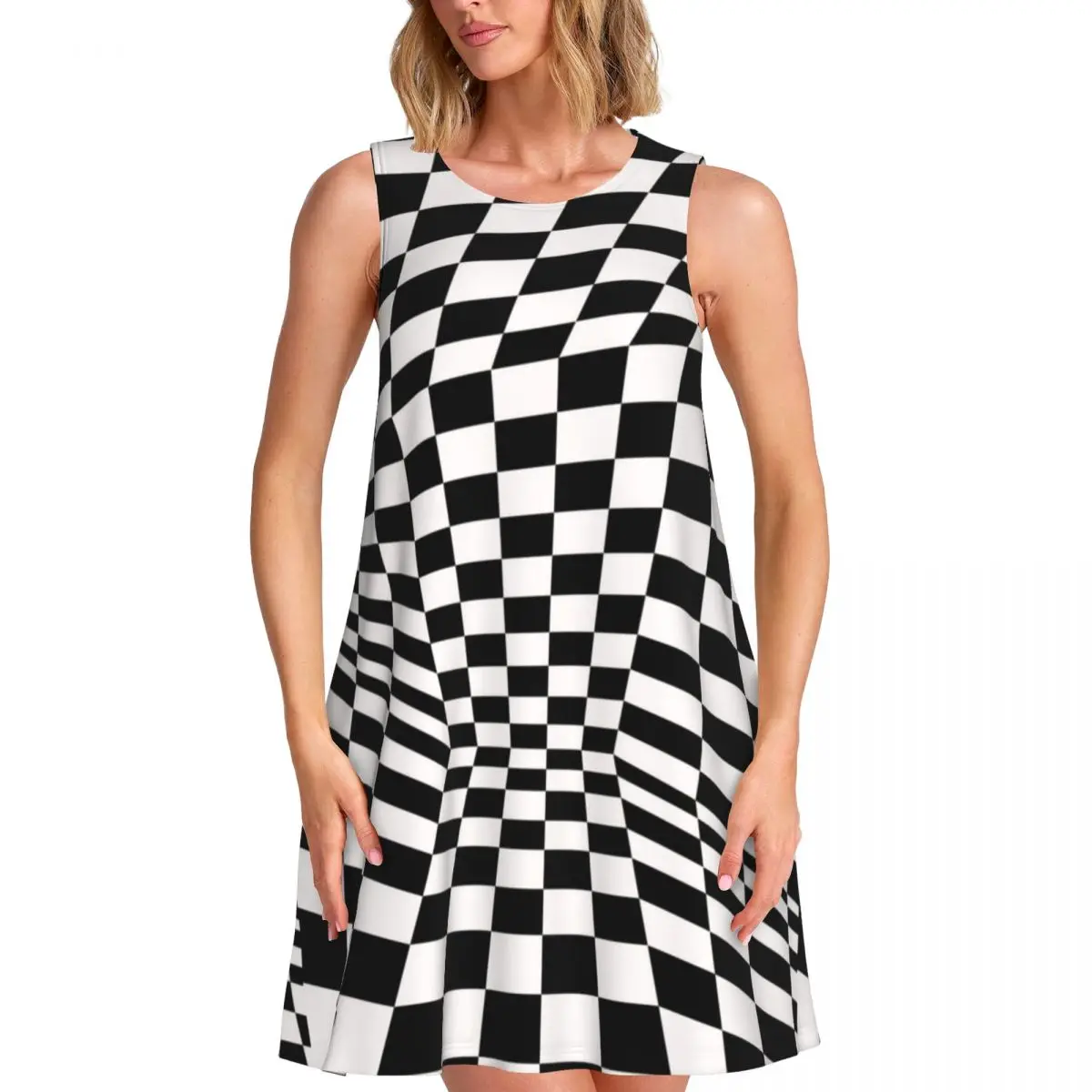 Retro Mod Tank Dress Black And White Check Streetwear Dresses Sleeveless Sexy Dress Hot Sale Crewneck Woman Print Clothing