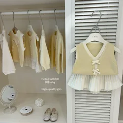 Girls Set 2026 New Spring and Summer Girls Korean Sleeveless Vest Knitted Sweater Korean Pleated Skirt Two Piece Set