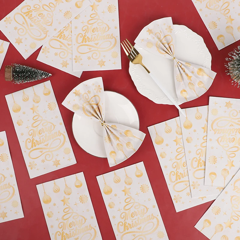 

20pcs Golden Letter Christmas Tree Paper Long Tissues Disposable Napkins Merry Xmas Dinners Party Table Decoration Supplies