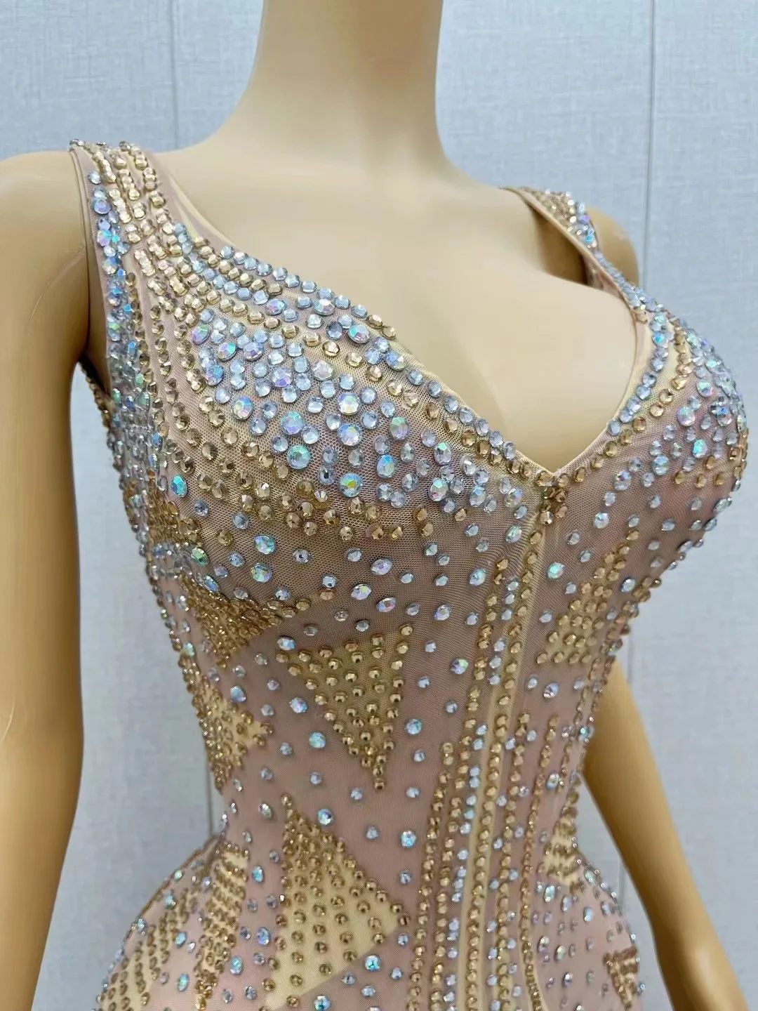 Sexy Luxury Silver Gold Crystals Sleeveless Dress Transparent Outfit Dance Stage Celebrate Nightclub Party Photoshoot Costume