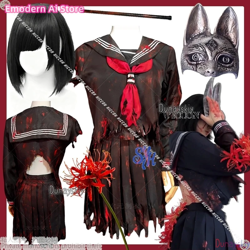 

Hinako Косплей Аниме Horror Game F Heroine 코스프레 Damage Fake Blood Styles JK Хэллоуин Мини-платье Jirai Kei Girls Fox Mask Cos