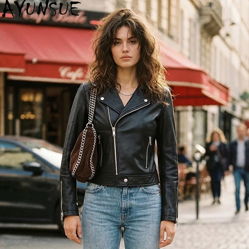 

AYUNSUE Real Leather Jacket Woman Motorcycle Style Long Sleeve Tops Fashion Fitted Sheepskin Short Jackets Woman Clothes Jaqueta