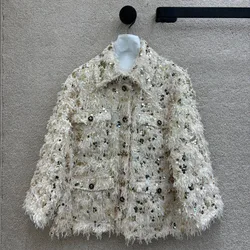 2024 New Fashion Sequins Beading Tassel Coat Women Turn-down Collar Long Sleeve Pockets Buttons Loose Vintage Sweet Jacket