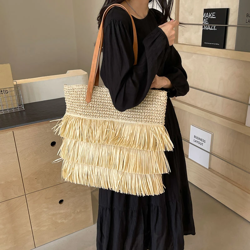 Tassel Casual Shoulder Bags Straw Braid Large Capacity Solid Tote Bags for Women 2024 Summer Hot Sale High Quality