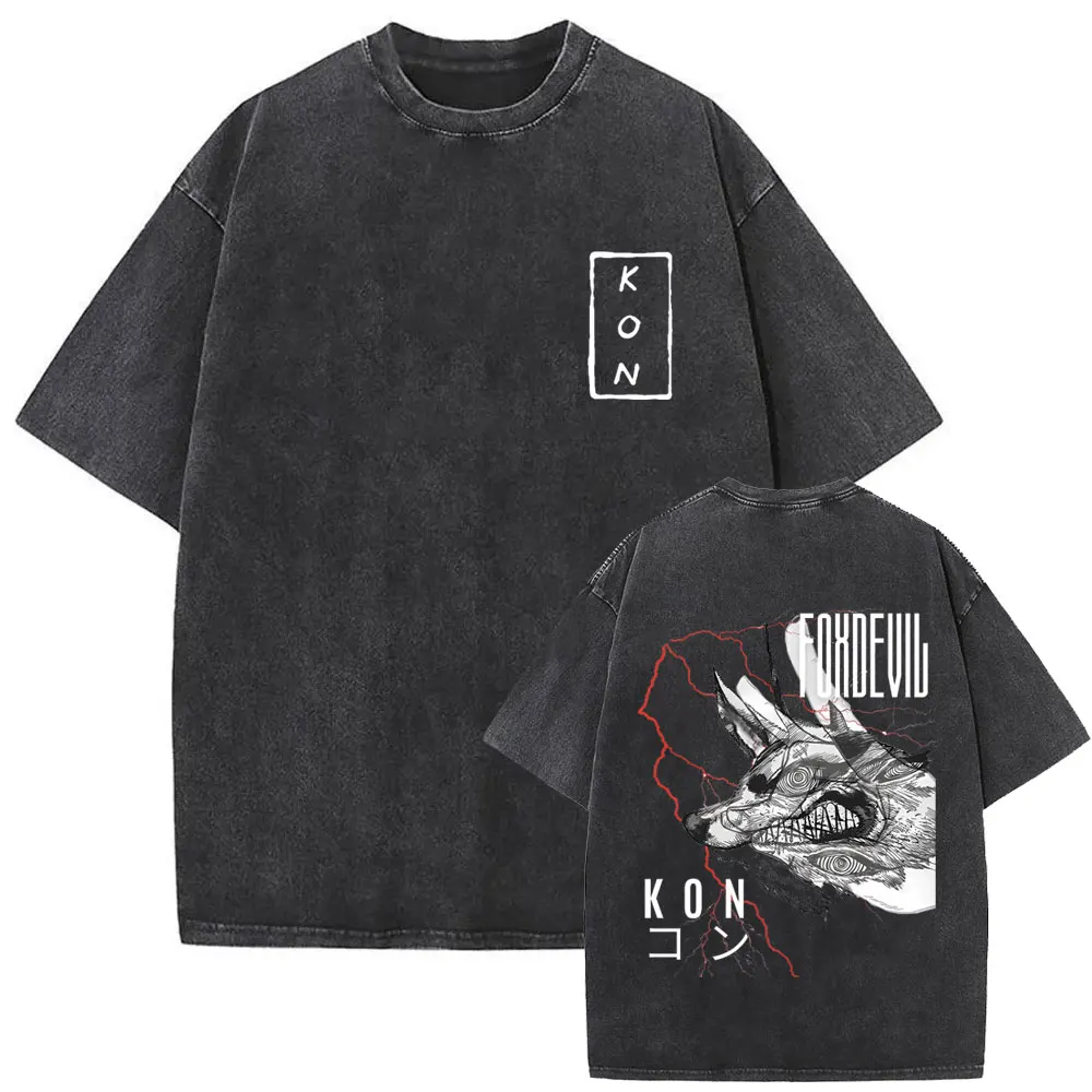 Washed Vintage Men Women Manga Casual Cotton T-shirts Anime Chainsaw Man Hayakawa Aki Summon Kon Fox Devil Graphic T Shirt Tops