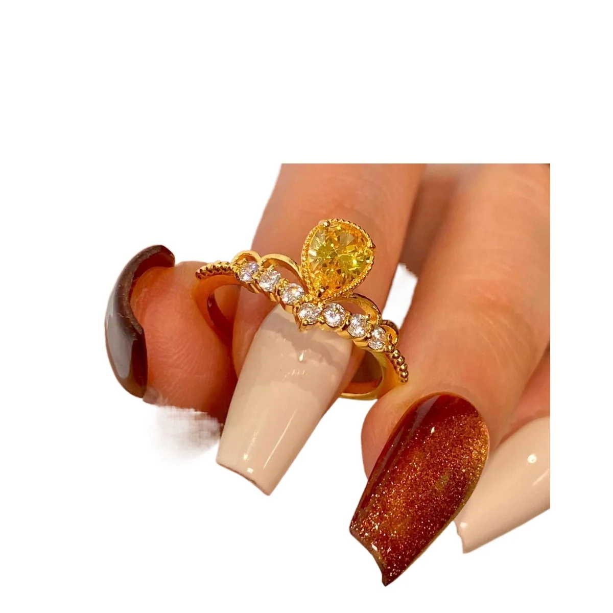 خواتم تاج أنيقة على شكل قطرة الماء للنساء، خاتم فاخر ورائع من الأحجار الكريمة الصفراء الفاخرة، هدايا مجوهرات للولائم اليومية