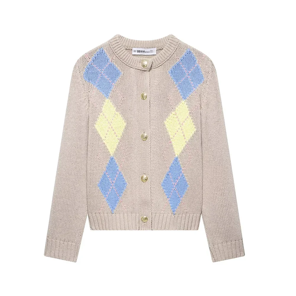 

Gentle Milk Tea Color Round Neck Single Breasted Long Sleeves Argyle Jacquard Design Women Short Knit Sweater Spring