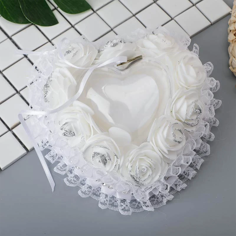 

Wedding Ring Bearer Pillow Heart Ring Cushion Holder with Flower Ring Box