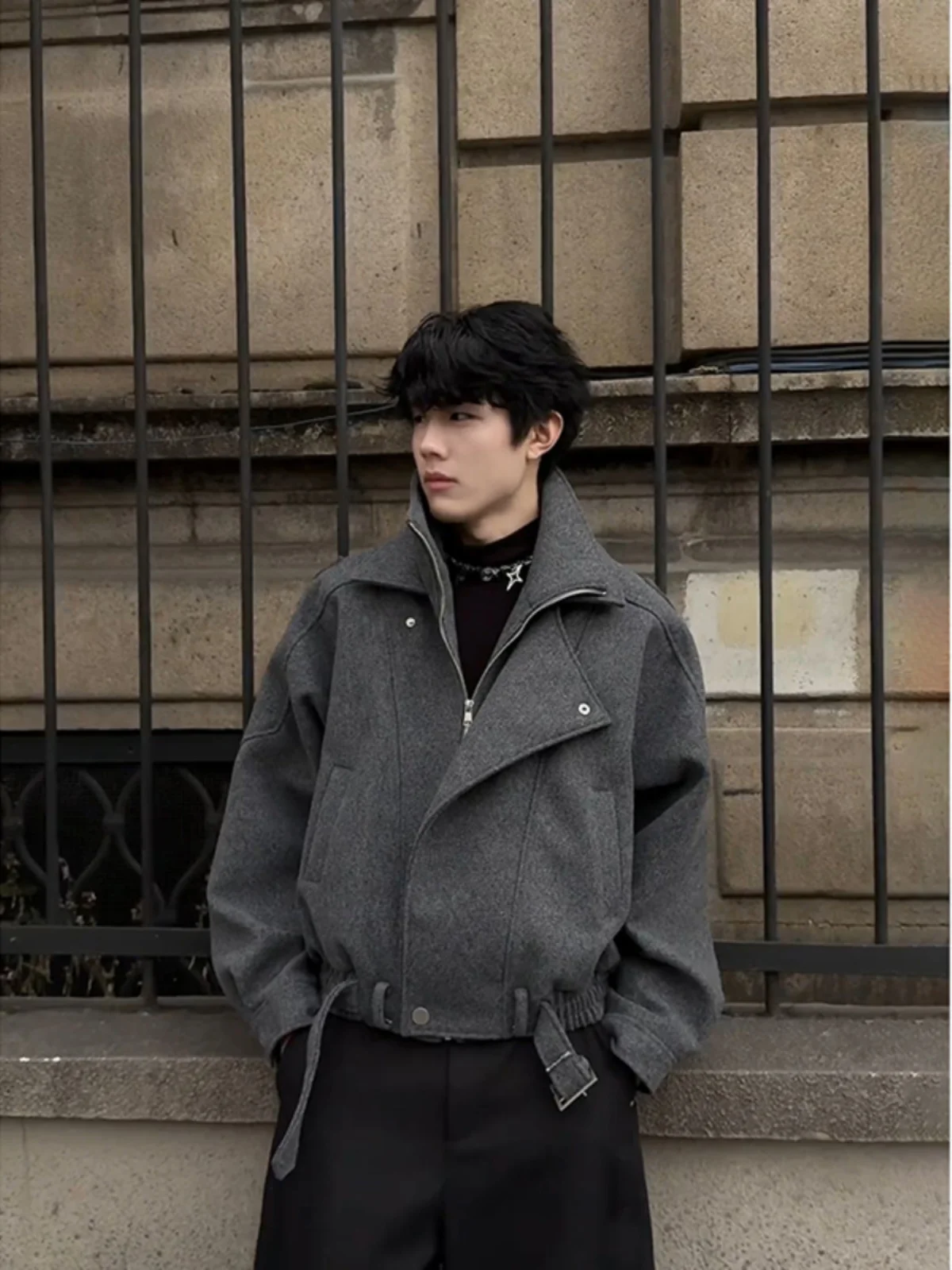 

Cleanfit Men's Woolen Jaet Thiened ort Sle Spring Autumn Cotton Workwear Deconstructed Coat Stand Fit Zipper Closure